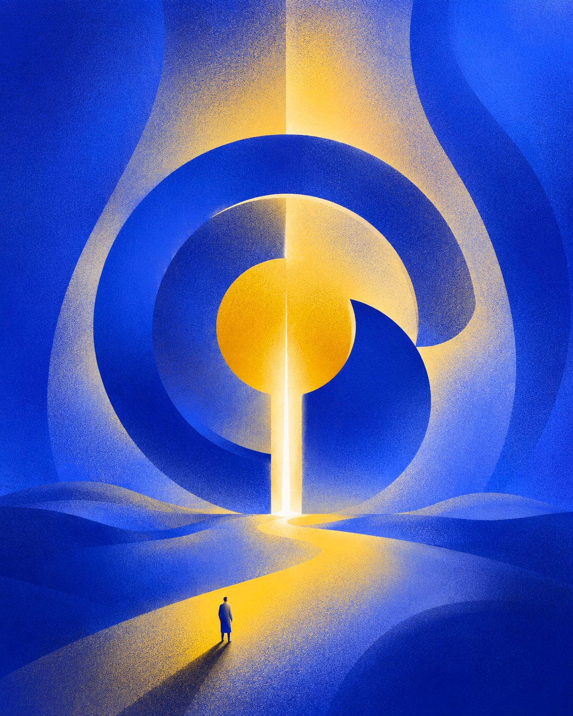 Ilustração simbólica do Estúdio de Branding — caminho de luz dourado em paisagem azul profunda